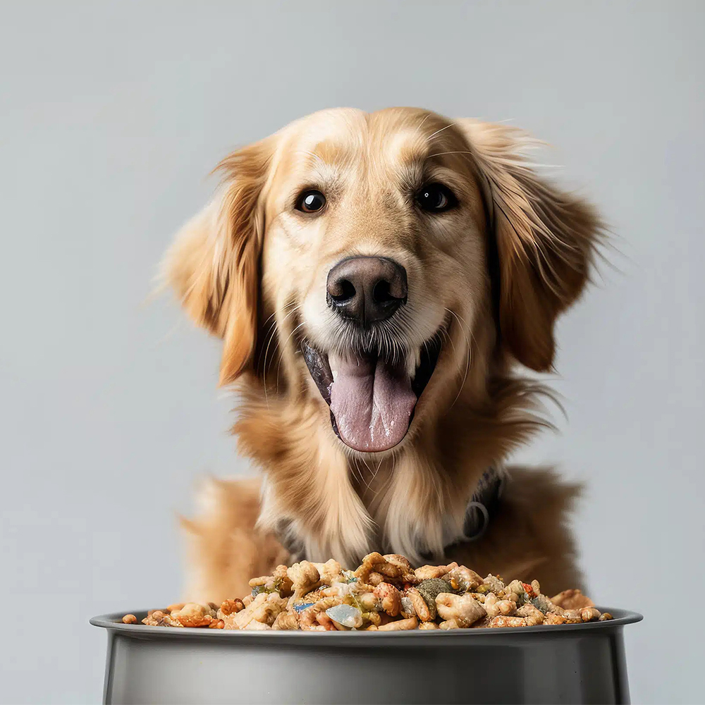 a dog sitting in front of a bowl of food