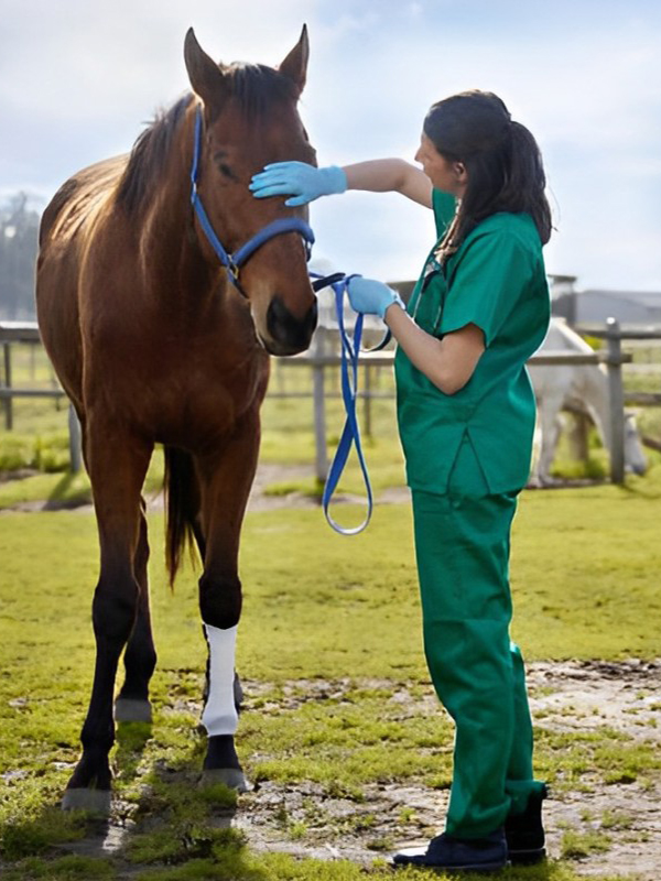 a woman in green scrubs gently pets a horse